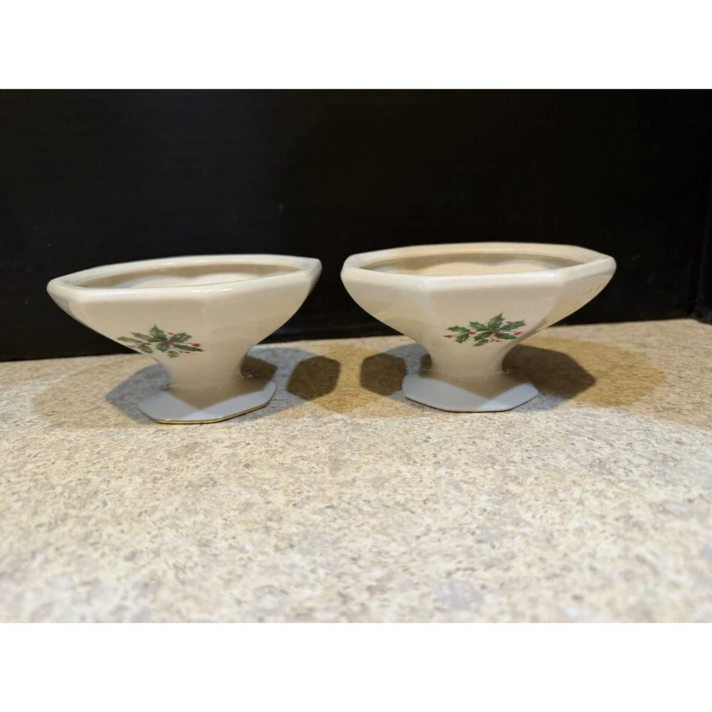 Lenox Holiday Votive Candle Holders Pair Holly Gold Trim Ivory China Special